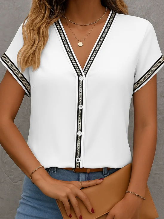 Women's Short Sleeve Shirt Summer White Abstract Printing V Neck Daily Going Out Casual Top