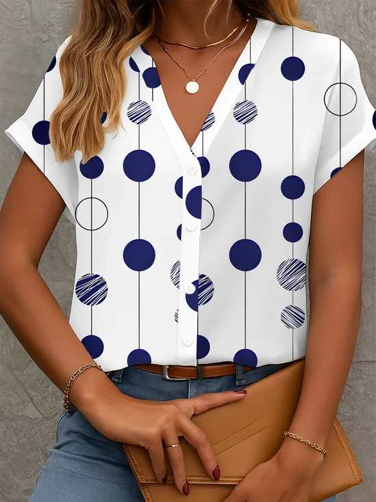 Women's Short Sleeve Shirt Summer White Polka Dots Printing V Neck Daily Going Out Casual Top