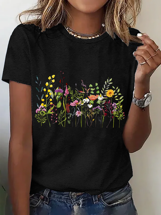 Womens Cotton Floral Crew Neck T Shirts Cotton T-Shirt