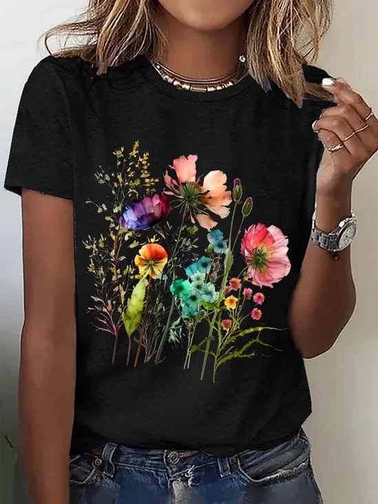 Womens Cotton Floral Crew Neck T Shirts Cotton T-Shirt