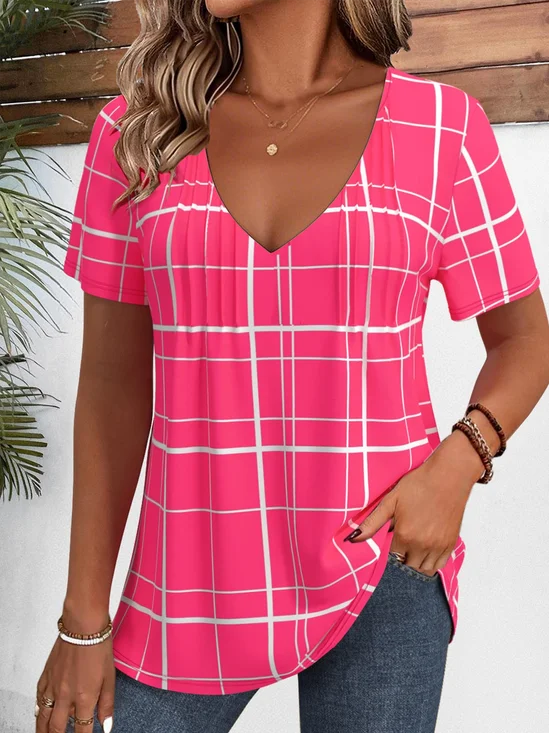 Loose Simple V Neck Plaid T-Shirt