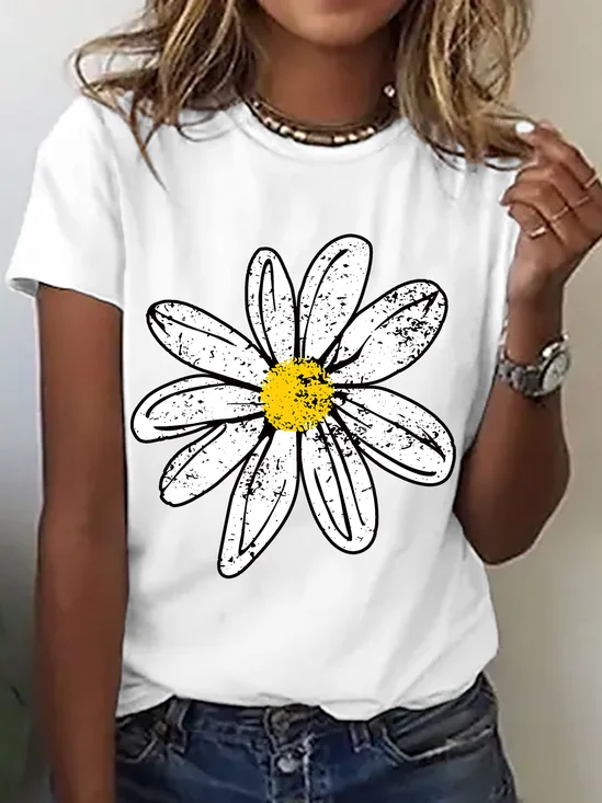 Womens Cotton Floral Crew Neck T Shirts Cotton T-Shirt