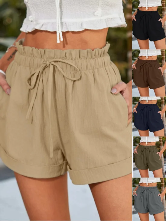 Casual Plain Drawstring Loose Shorts