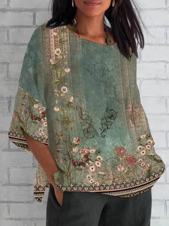 Women's Half Sleeve T-shirt Summer Green Floral Crew Neck Daily Going Out Casual Top