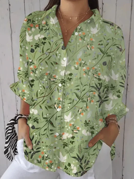 Shirt Collar Cotton Floral Simple Shirt