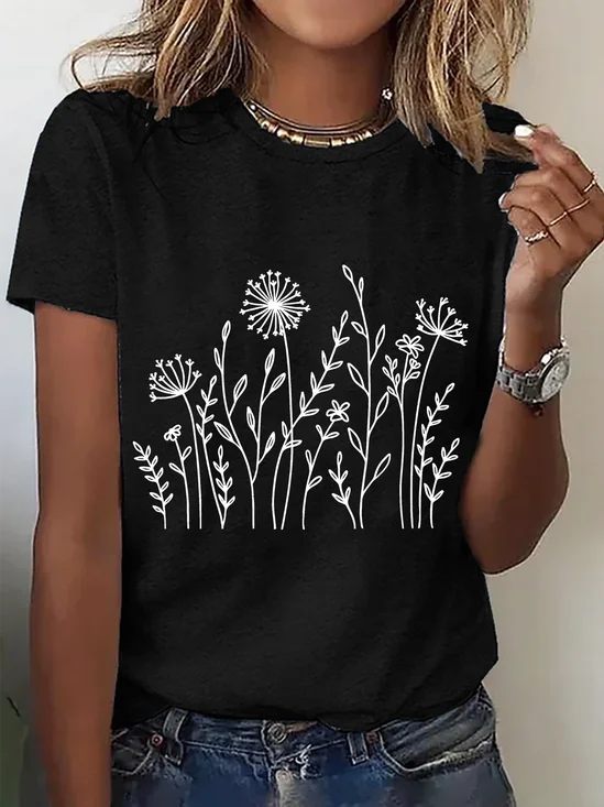 Womens Cotton Floral Crew Neck T Shirts Cotton T-Shirt