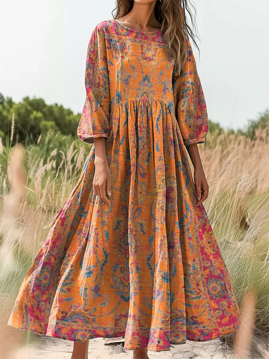 Women's Retro Ethnic Totem Printed Flowy Cotton Crew Neck Dress