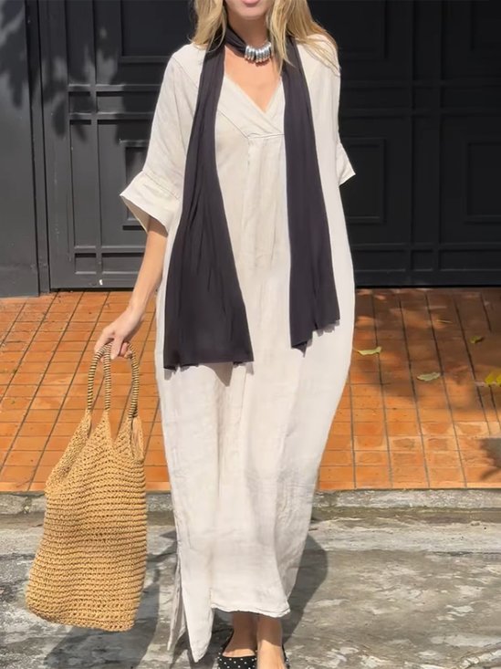 Casual Plain V Neck Maxi Dress No Scarf
