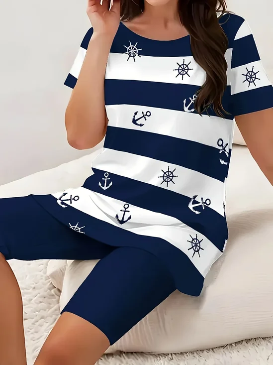 Women's Printing Anchor Daily Going Out Two-Piece Set Purplish blue Casual Summer Top With Pants Matching Set