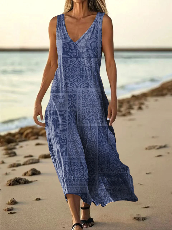 Women's Vintage Sleeveless V-Neck Dress