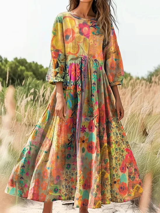 Women's Bohemian Floral Print Flowy Cotton Crew Neck Dress