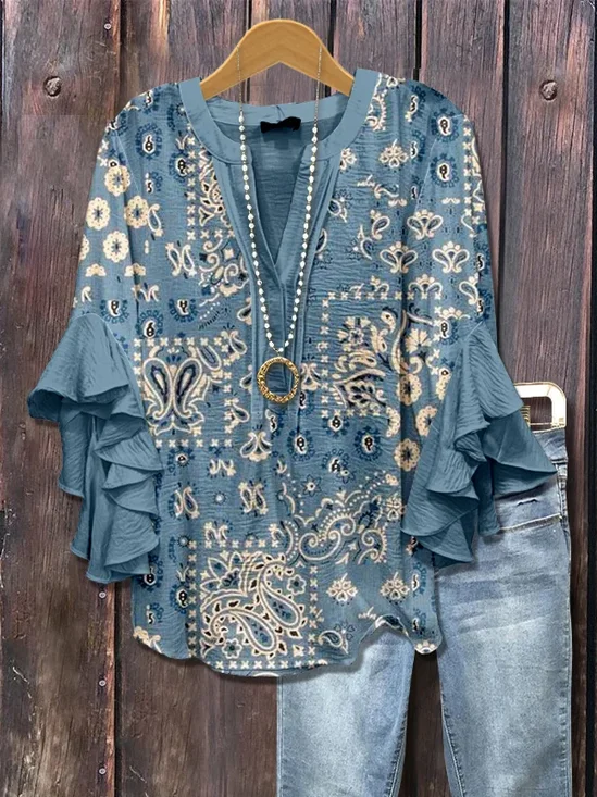 Women's Half Sleeve Shirt Summer Blue Floral Printing V Neck Daily Going Out Casual Top