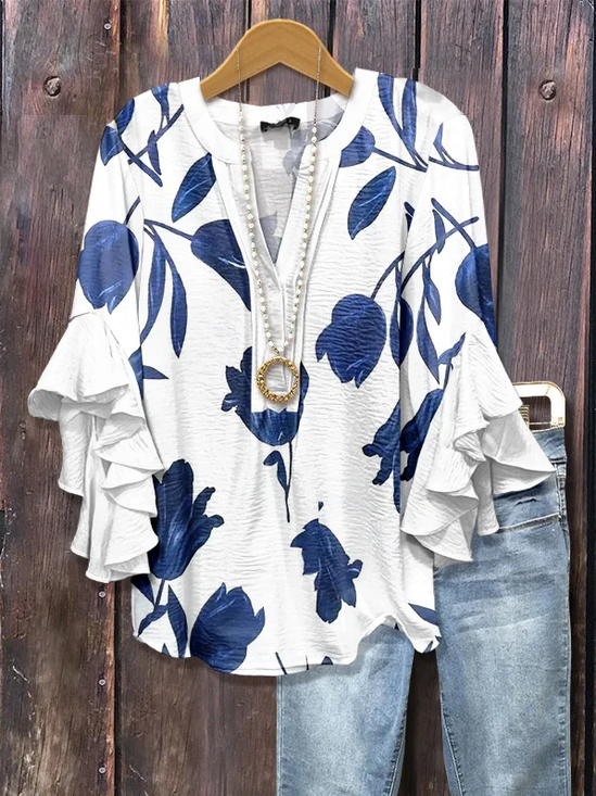 Women's Half Sleeve Shirt Summer White Floral Printing V Neck Daily Going Out Casual Top