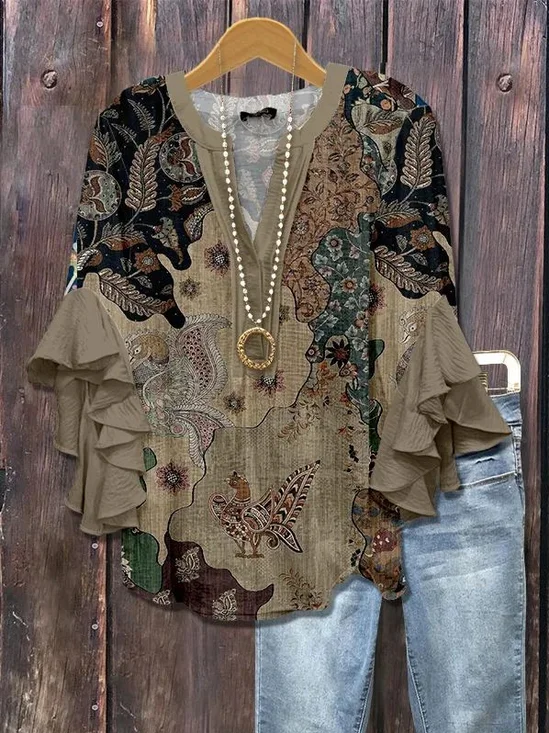 Women's Half Sleeve Shirt Summer Brown Floral Printing V Neck Daily Going Out Casual Top
