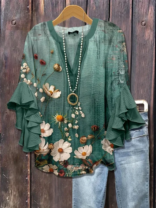 Women's Half Sleeve Shirt Summer Green Floral Printing V Neck Daily Going Out Casual Top