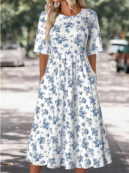 Crew Neck Loose Floral Casual Dress