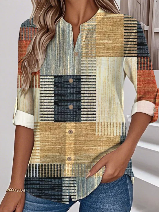 Women's Printed Stand Collar Long Sleeve Shirt
