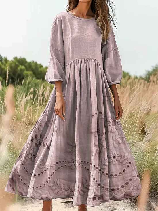 Women's Vintage Floral Texture Art Print Flowy Cotton Crew Neck Dress