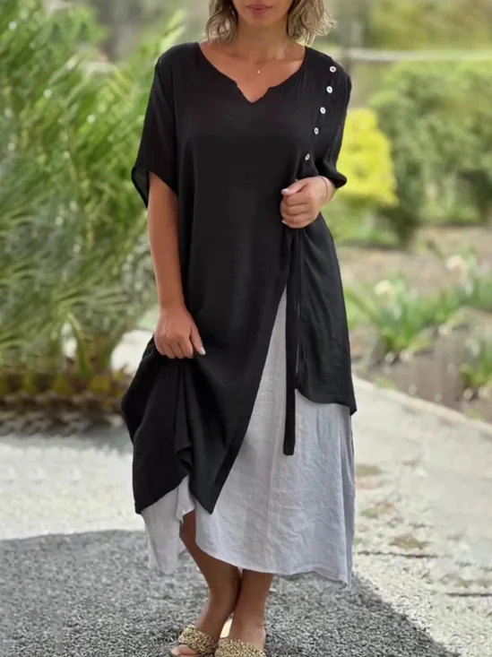 Casual Color Block Split Joint V Neck Maxi Dress