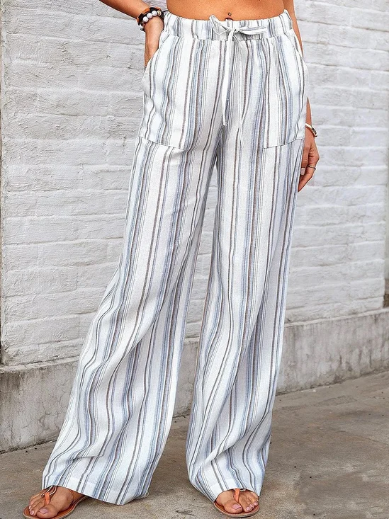 Women's  Drawstring H-Line Wide Leg Pants Daily Going Out Pants Light Blue Casual Split Joint Striped Spring/Fall Pants