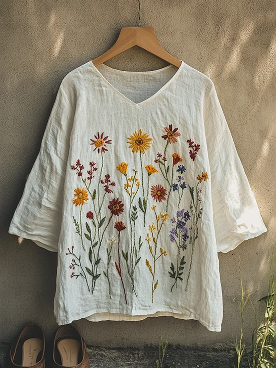 Print Casual V Neck Three-Quarter Sleeves T-Shirt