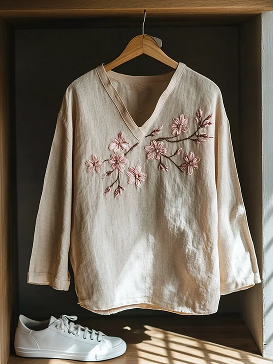 Boho Floral Cherry Embroidery Print Cotton And Linen Blend Loose Blouse