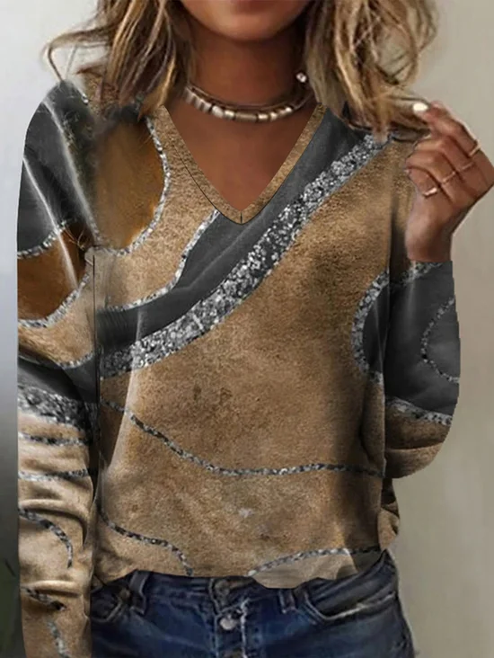 Print Casual V Neck Long Sleeve T-Shirt