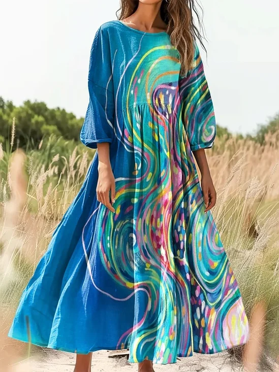 Casual Crew Neck Loose Gradient Pattern Dress