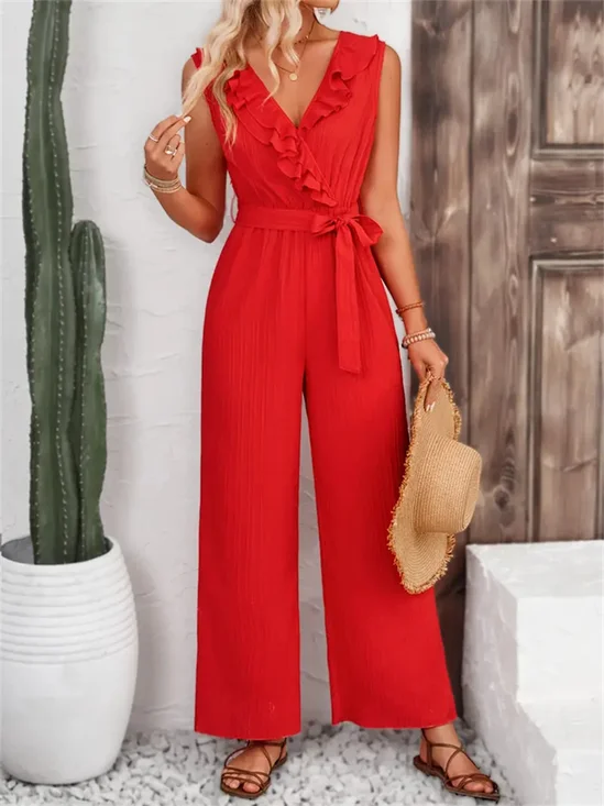 Women's H-Line Overall V Neck Daily Going Out Casual Sash Plain Summer Long Jumpsuit Romper
