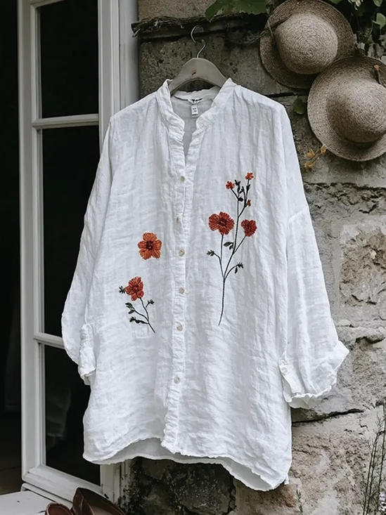 Vintage Floral Embroidery Art Button Cotton Linen Blend Loose Blouse