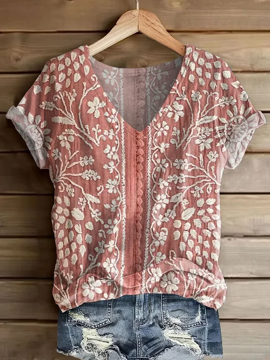 Women's Short Sleeve T-shirt Summer Blue Floral Printing V Neck Daily Going Out Casual Top