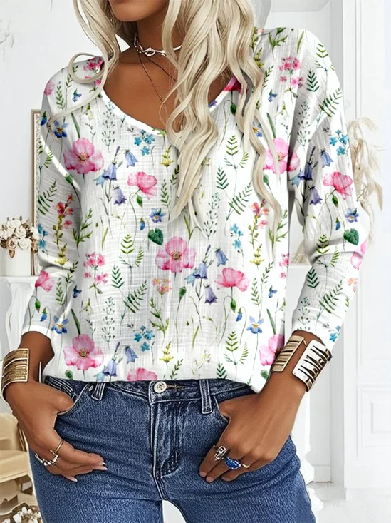Loose V Neck Casual Floral Blouse