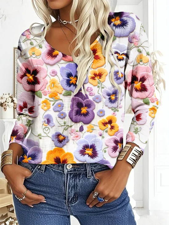 Loose Casual V Neck Cotton-Blend Blouse