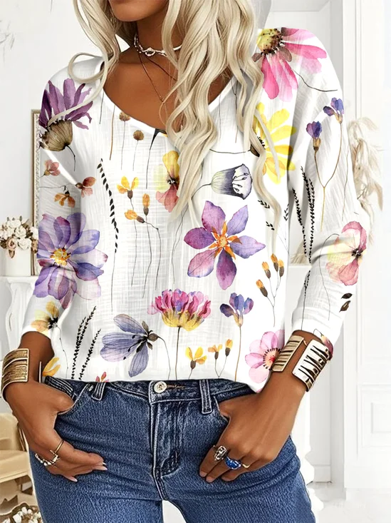 Casual Floral Cotton-Blend V Neck Blouse