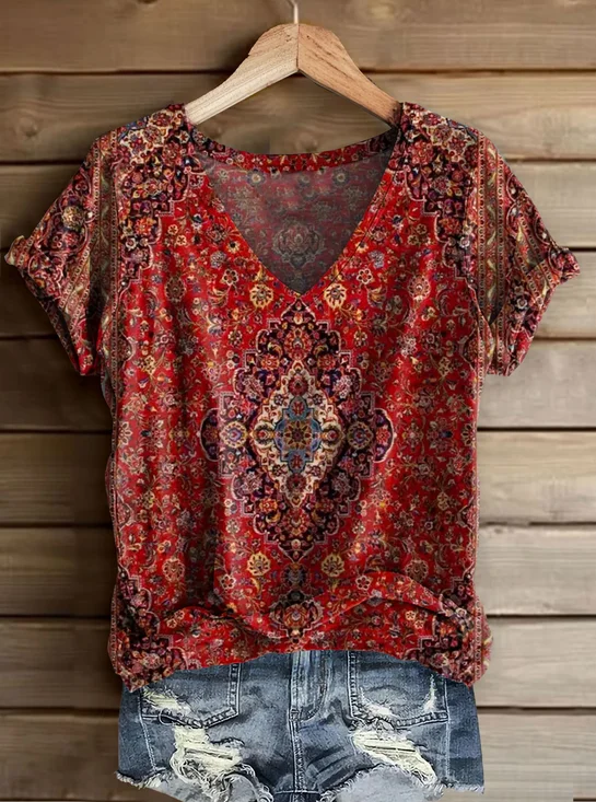 Women's Short Sleeve T-shirt Summer Red Floral Printing V Neck Daily Going Out Casual Top