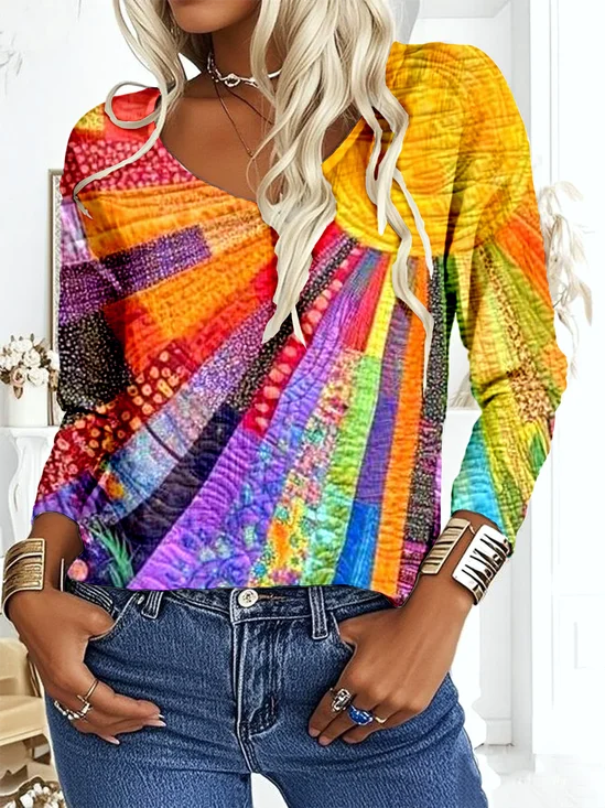 Loose Multicolor Block V Neck Casual Blouse