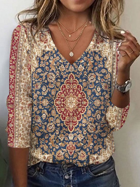 Print Casual V Neck Long Sleeve T-Shirt