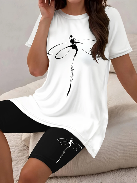 Women's Printing Dragonfly Daily Going Out Two-Piece Set Black-white Casual Summer Top With Pants Matching Set