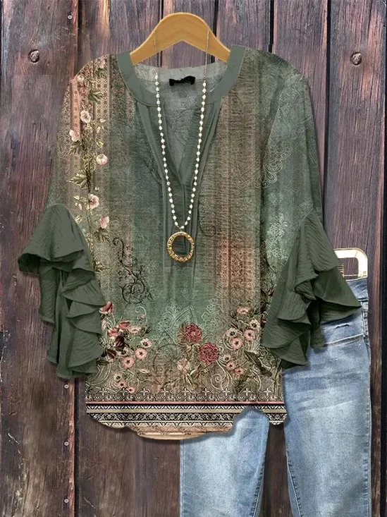 Women's Half Sleeve Shirt Summer Green Floral Printing V Neck Daily Going Out Casual Top