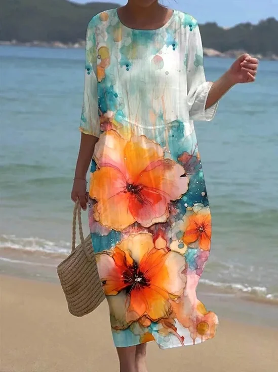 Floral Casual Regular Fit Crew Neck Dress With No