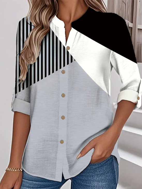 Loose Stand Collar Simple Striped Shirt