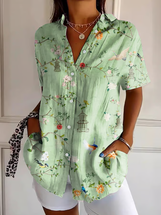 Women's Short Sleeve Shirt Summer Green Floral Printing Shirt Collar Daily Going Out Casual Top
