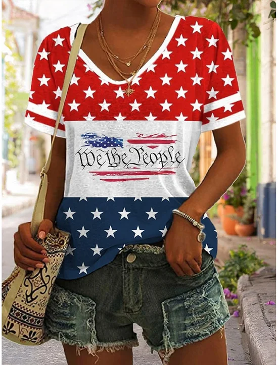 Women's American Flag Print V-Neck Cotton Blend Short Sleeve T-Shirt