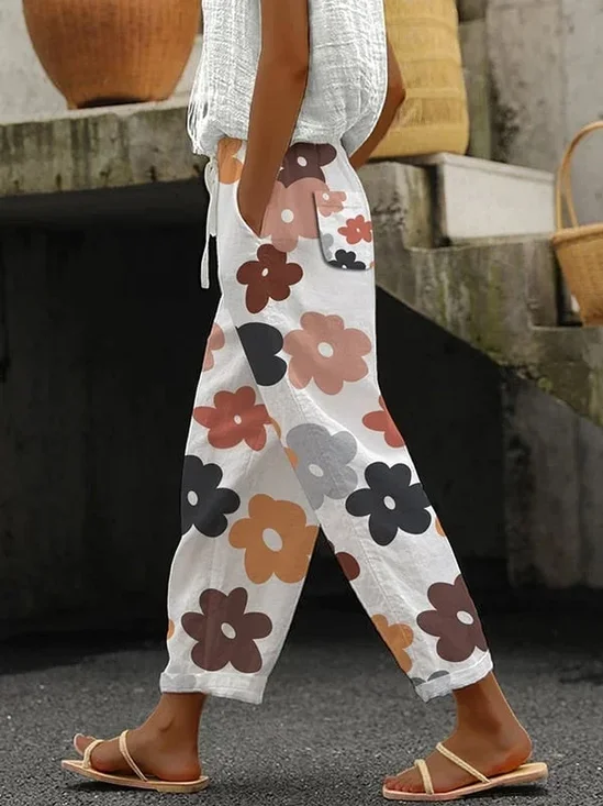 Women's  H-Line Baggy Pants Daily Going Out Pants White Casual Printing Floral Spring/Fall Pants