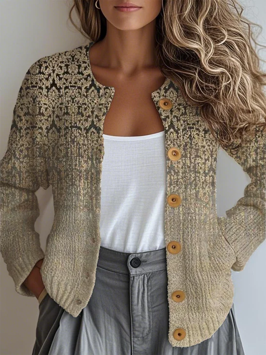 Gradient Pattern Loose Crew Neck Ethnic Cardigan