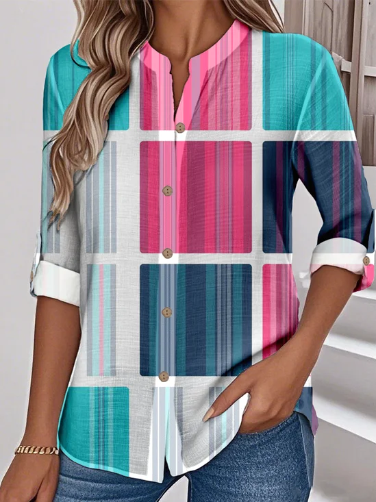 Stand Collar Loose Simple Multicolor Block Shirt