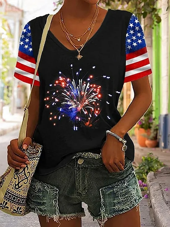 Women's American Flag Fireworks Print V-Neck Cotton Blend Short Sleeve T-Shirt