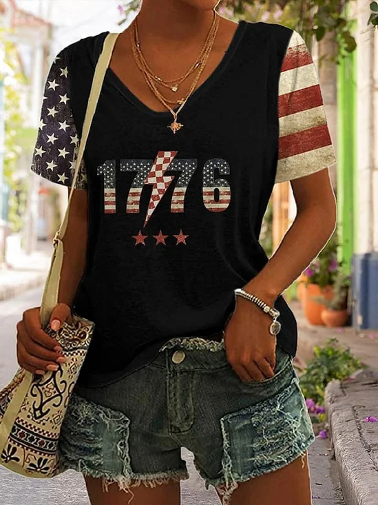 Women's 1776 American Flag Print V-Neck Cotton Blend Short Sleeve T-Shirt
