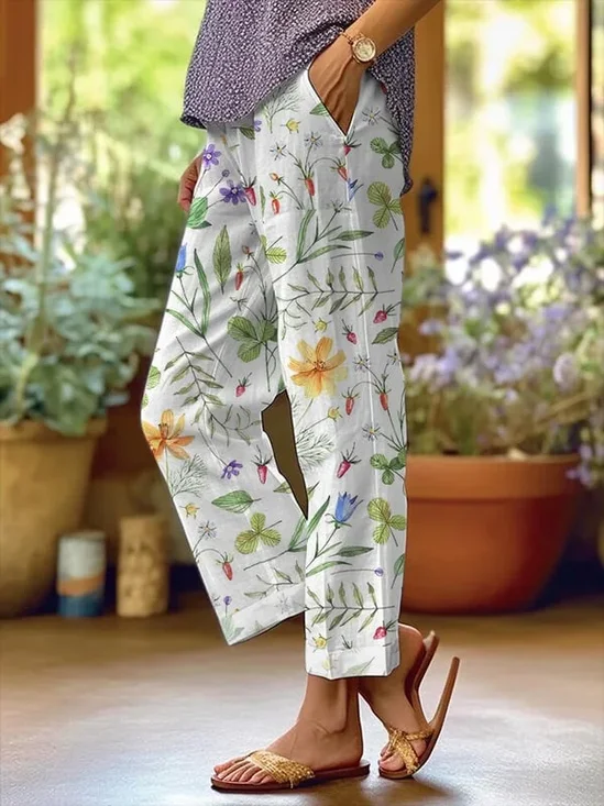 Women's  H-Line Baggy Pants Daily Going Out Pants White Casual Printing Floral Spring/Fall Pants