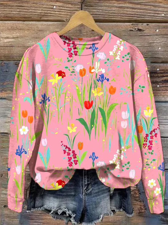 Crew Neck Floral Loose Casual Sweatshirt